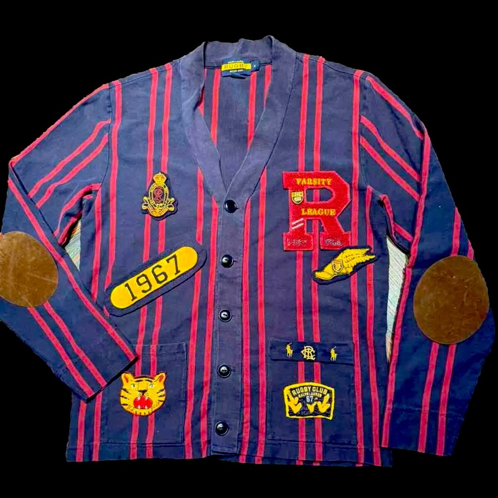 Mens M Rugby Ralph Lauren Burgundy/Navy  Varsity Collegiate Cardigan Patches